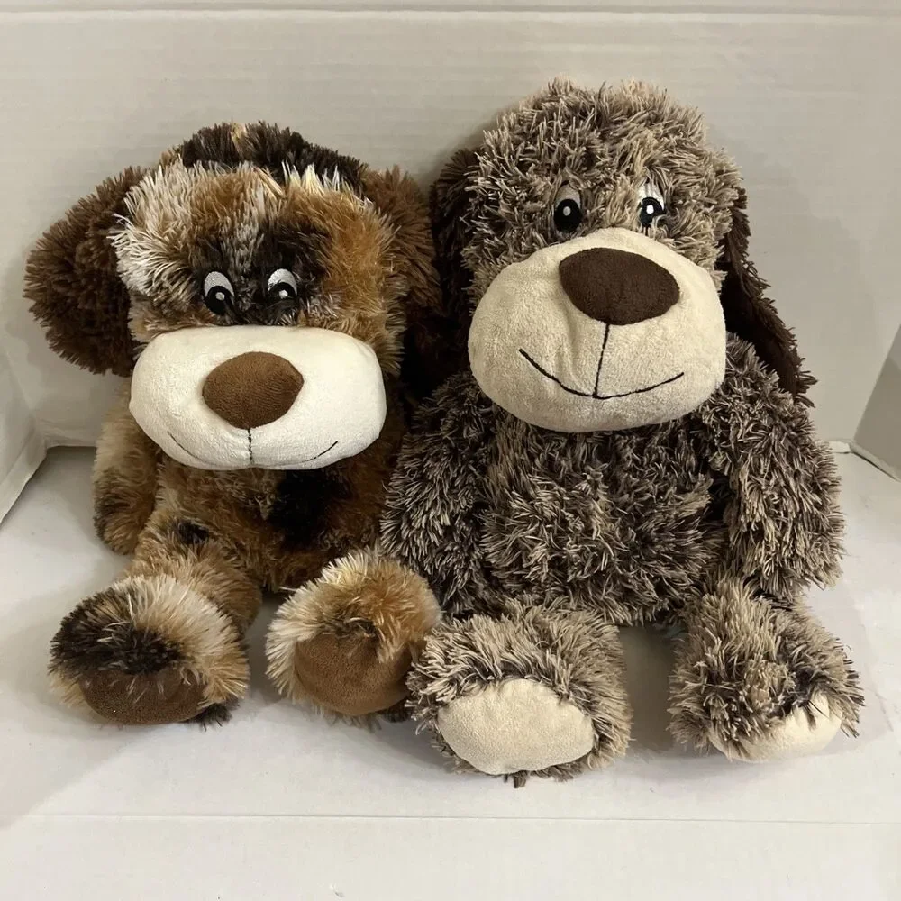 2 Pacific Fluffy Puppy Dog Plush Squeakers Embroidered Eyes Floppy 17” Brown